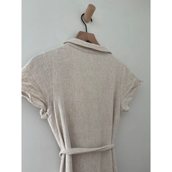 Lulus Italian Summer Linen Midi Dress Womens Medium Beige Button Front Tie Waist - Picture 12 of 13